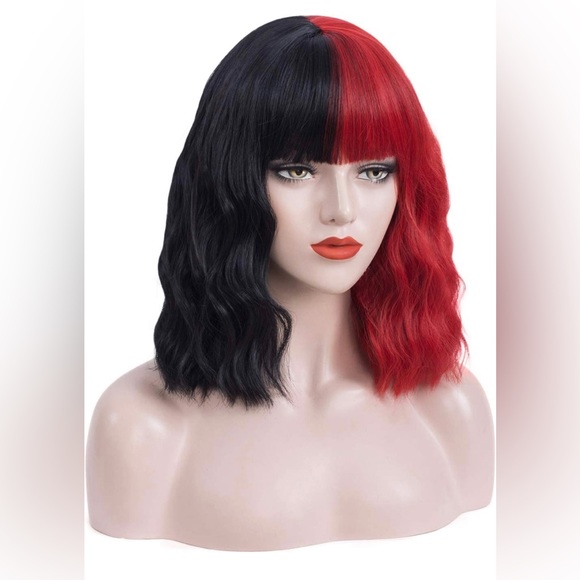 Half Red Half Black Wig Short Curly Wavy Bob Hair Wig w Bangs Cosplay Halloween - Picture 2 of 4